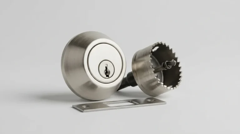 Grade 1 deadbolt with hole saw bit and metal door reinforcement plate