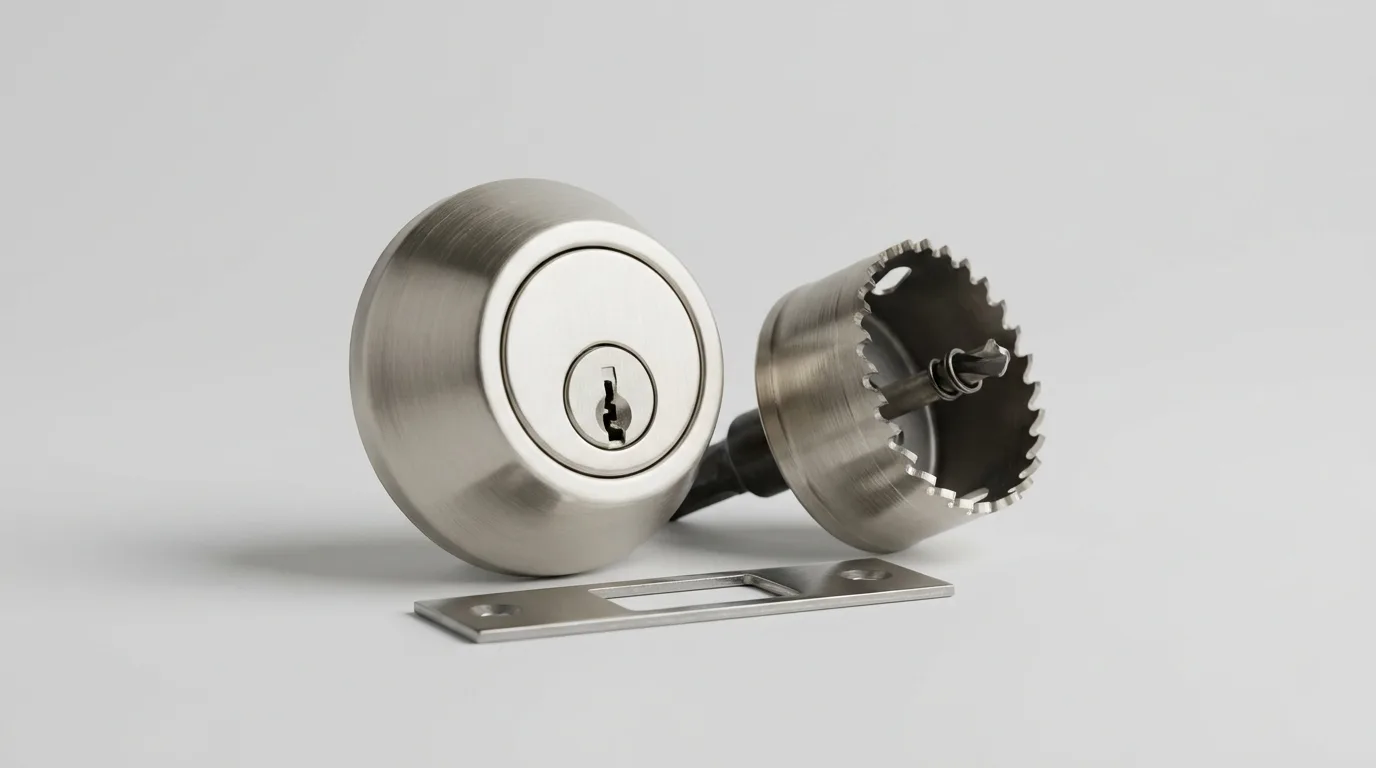 Grade 1 deadbolt with hole saw bit and metal door reinforcement plate