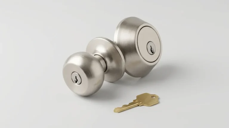 Keyed entry knob and deadbolt set with a single key resting beside it
