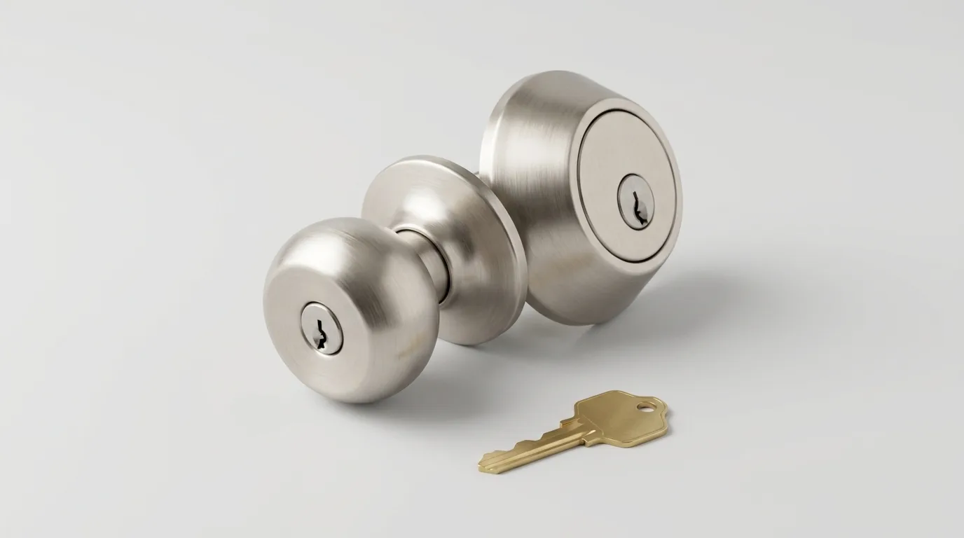 Keyed entry knob and deadbolt set with a single key resting beside it