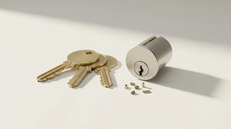 Brass master key and change key beside a mortise cylinder and loose master wafers