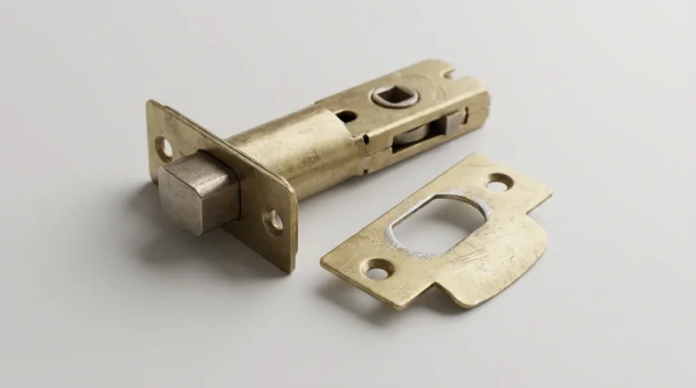 Door latch and strike plate showing scrape marks from misalignment