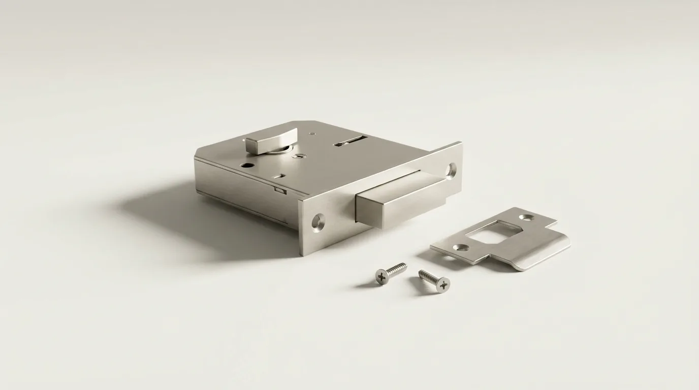 Satin nickel deadbolt with the bolt fully extended beside a brushed steel strike plate