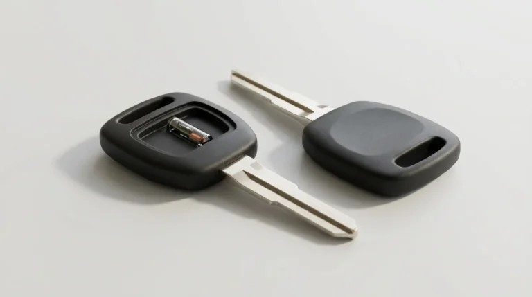 Car key with its plastic head cut away to reveal the transponder chip inside