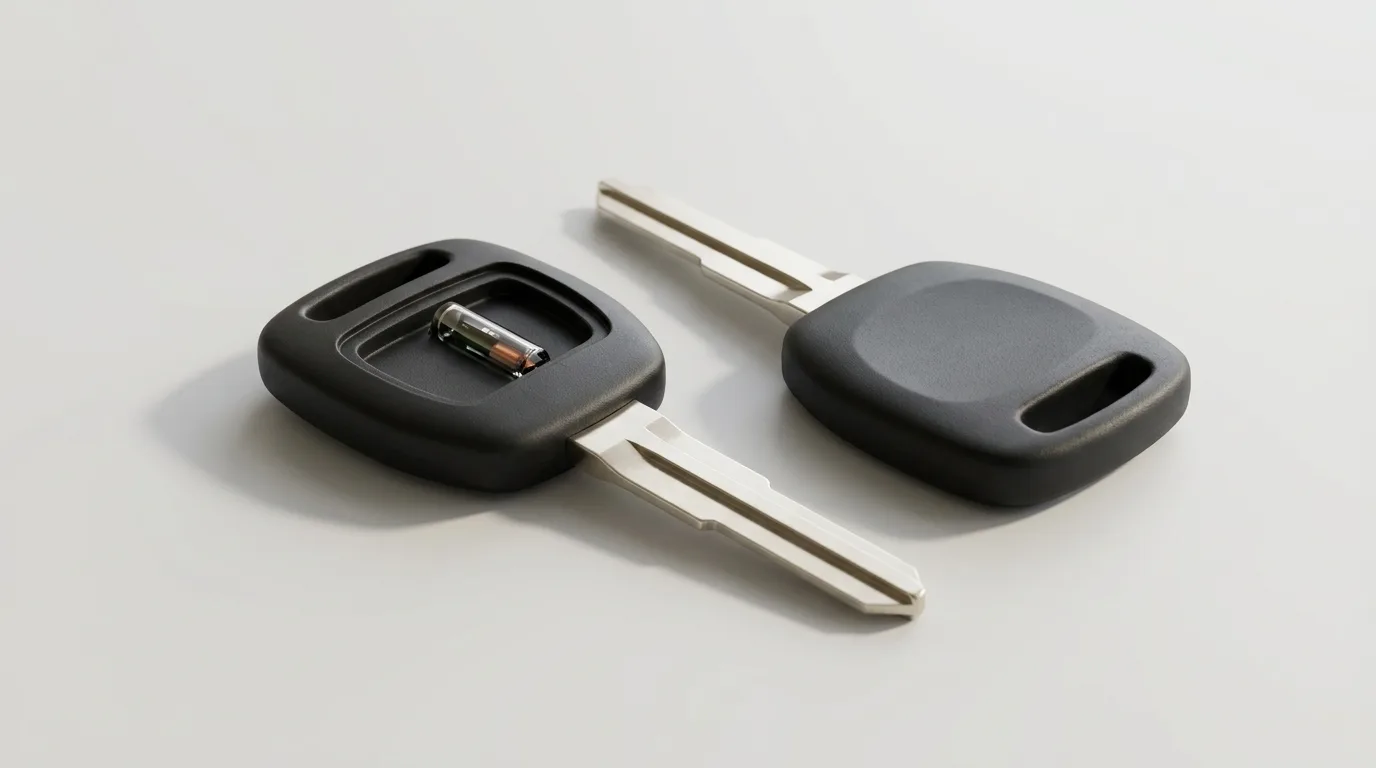 Car key with its plastic head cut away to reveal the transponder chip inside