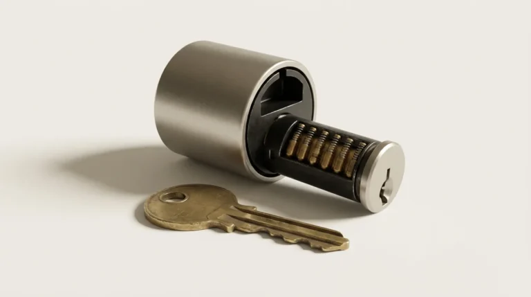 Deadbolt cylinder with the plug removed showing pin stacks, beside a worn brass key
