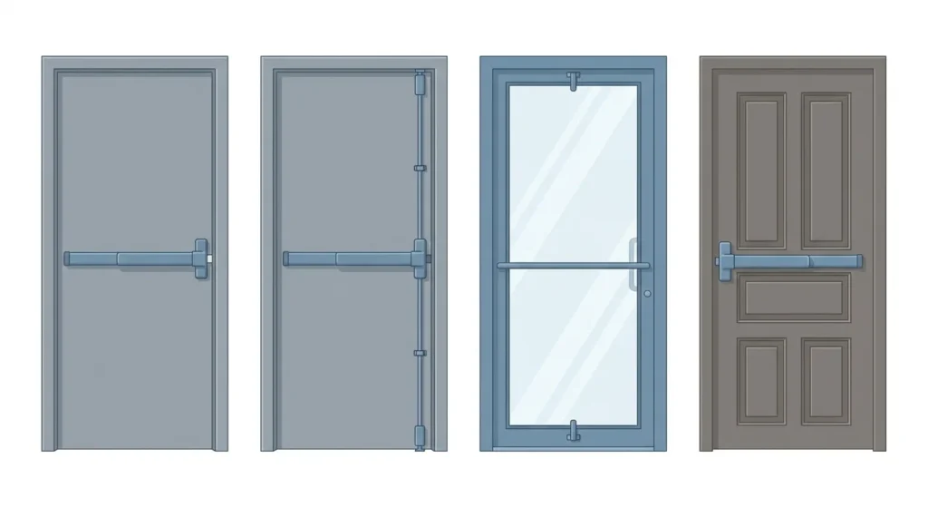 Four commercial doors compared side by side showing rim, surface rod, concealed rod and mortise exit devices