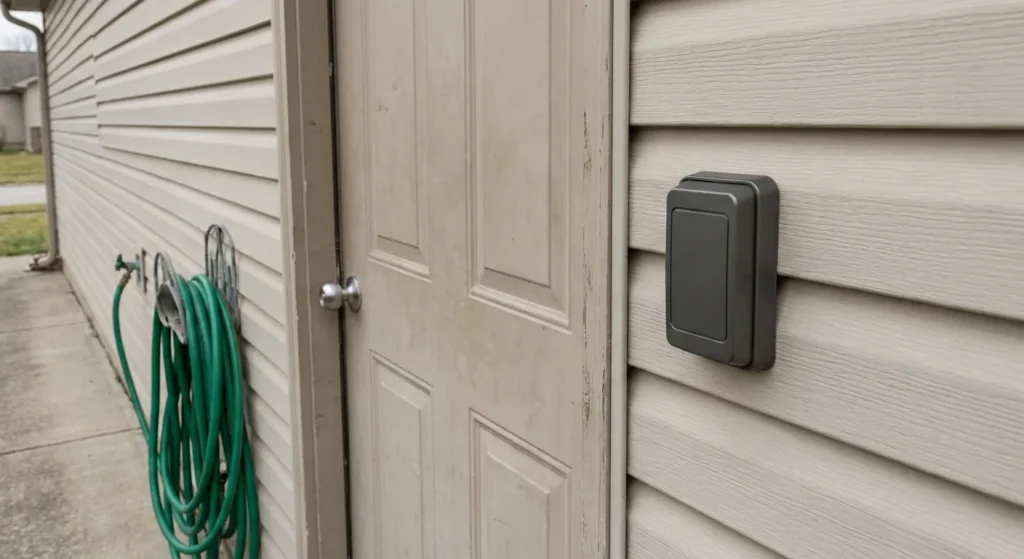 Garage service door and exterior keypad on the side of a suburban house