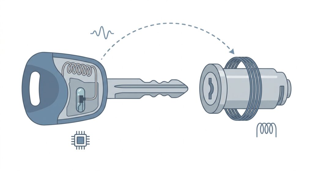 Diagram showing a chip inside a key head exchanging a radio signal with the ignition coil