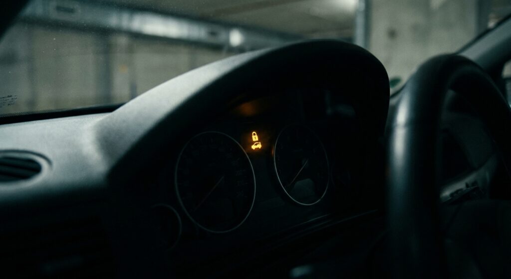 Amber anti-theft indicator light glowing on an unlit car instrument cluster