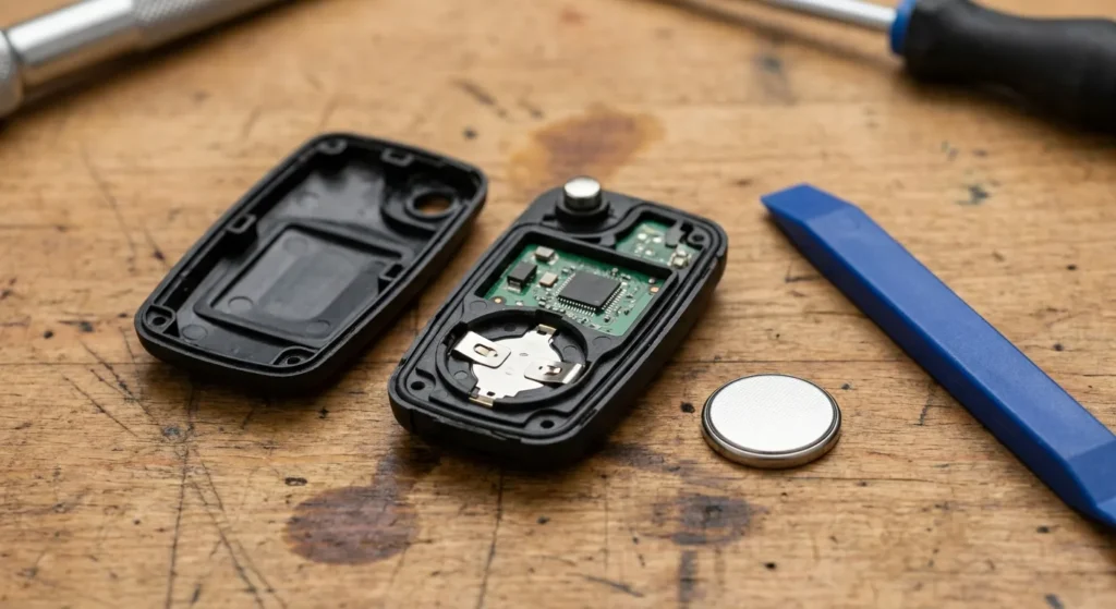 Opened key fob case beside a CR2032 coin cell battery and a plastic trim tool