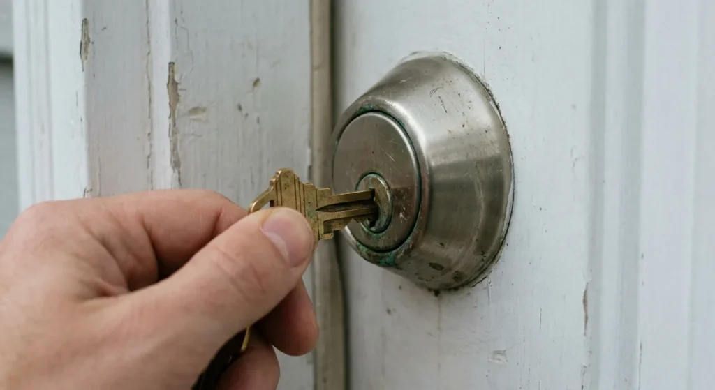Hand holding a key partly inserted into a jammed deadbolt on a white exterior door