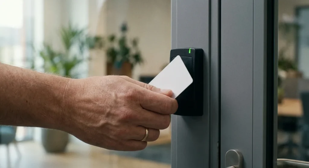 Hand presenting a white keycard to a wall-mounted reader beside a commercial glass door