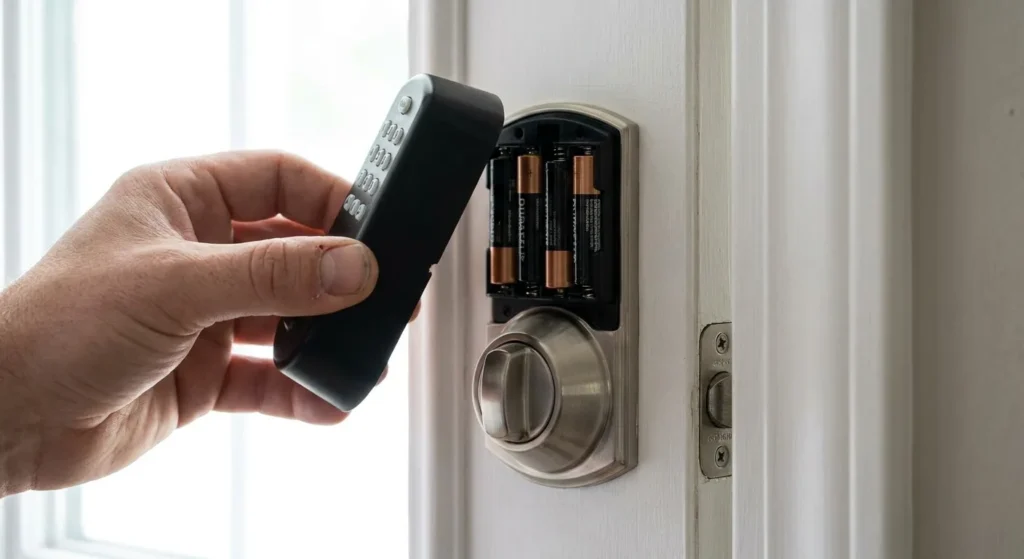 Interior cover lifted off a keypad deadbolt showing the four AA battery tray inside