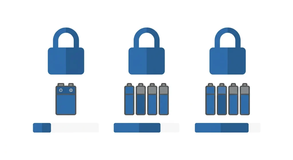 Diagram comparing 9 volt and four AA battery setups across three keypad lock styles