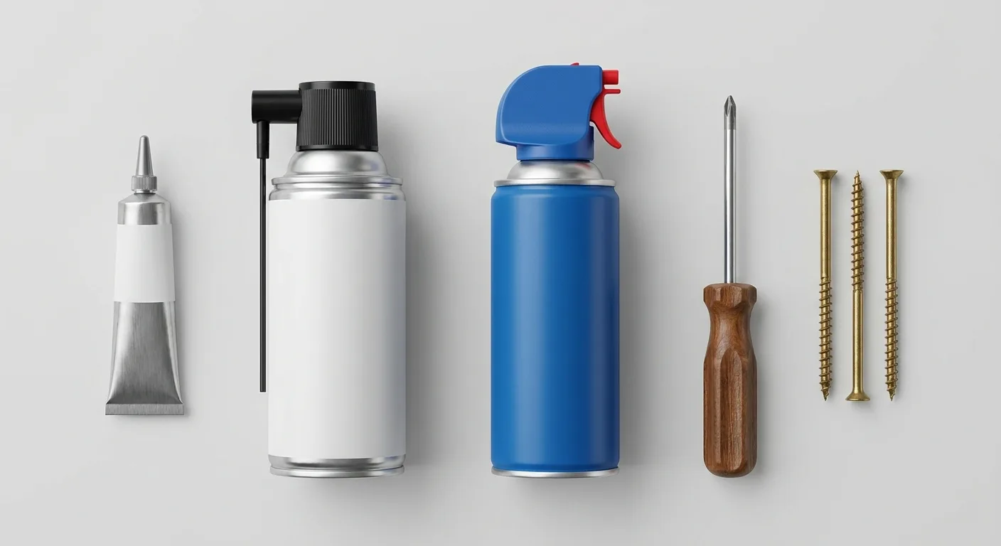 Powdered graphite, dry lubricant spray, compressed air, screwdriver, and long hinge screws