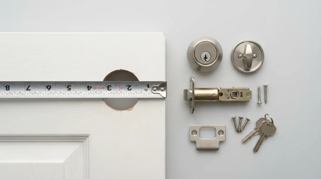 Tape measure showing the backset distance from a door edge to the center of the lock bore
