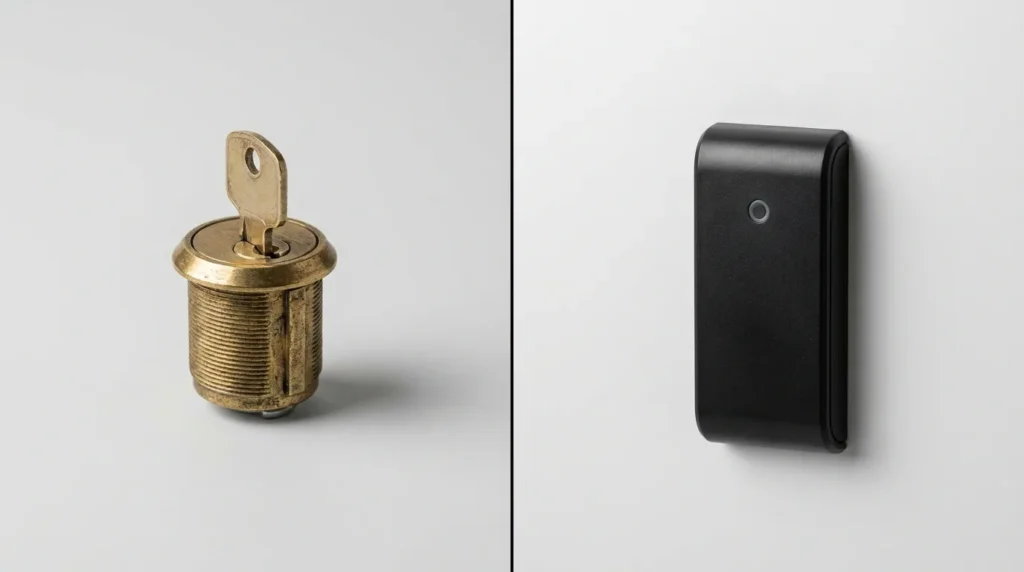 Brass keyed cylinder beside an electronic card reader showing two access control options