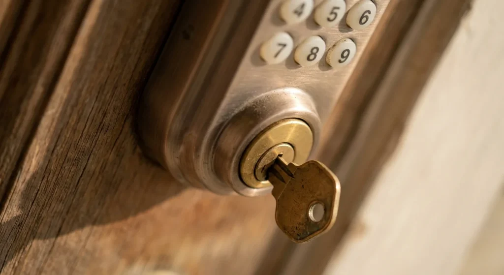 Brass key inserted into the mechanical override cylinder beneath a keypad deadbolt