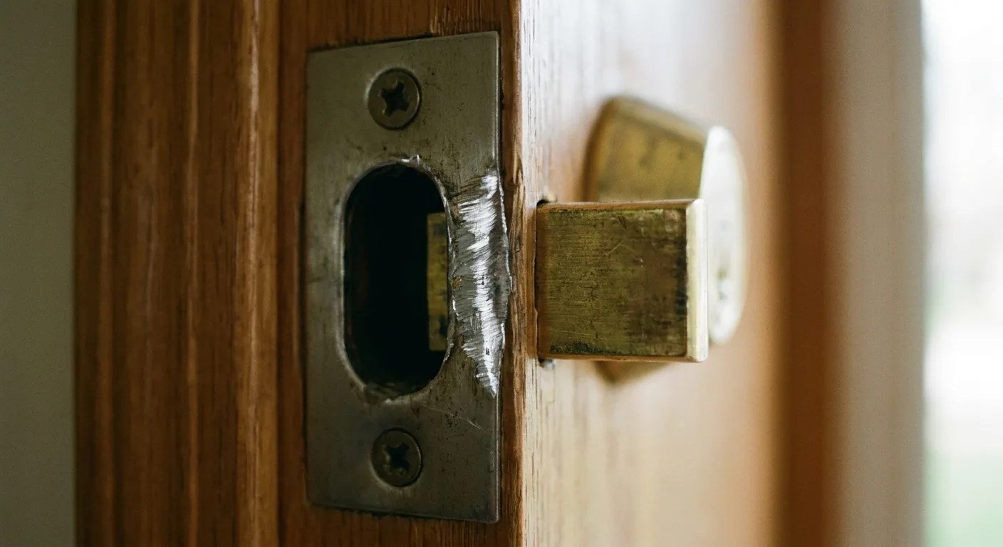 Deadbolt sitting misaligned against a strike plate with visible scrape marks on the metal