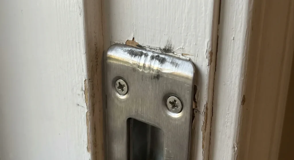 Misaligned strike plate on a door frame with scrape marks from a binding deadbolt