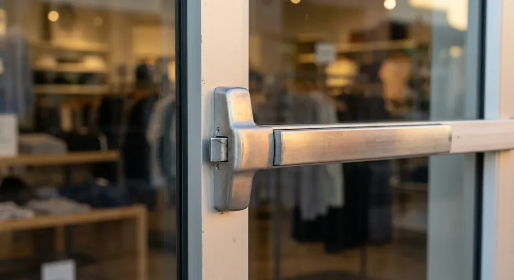 Close-up of narrow stile exit hardware on an aluminum framed glass storefront door