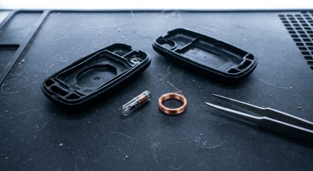 Opened car key housing beside a small glass transponder capsule and copper coil