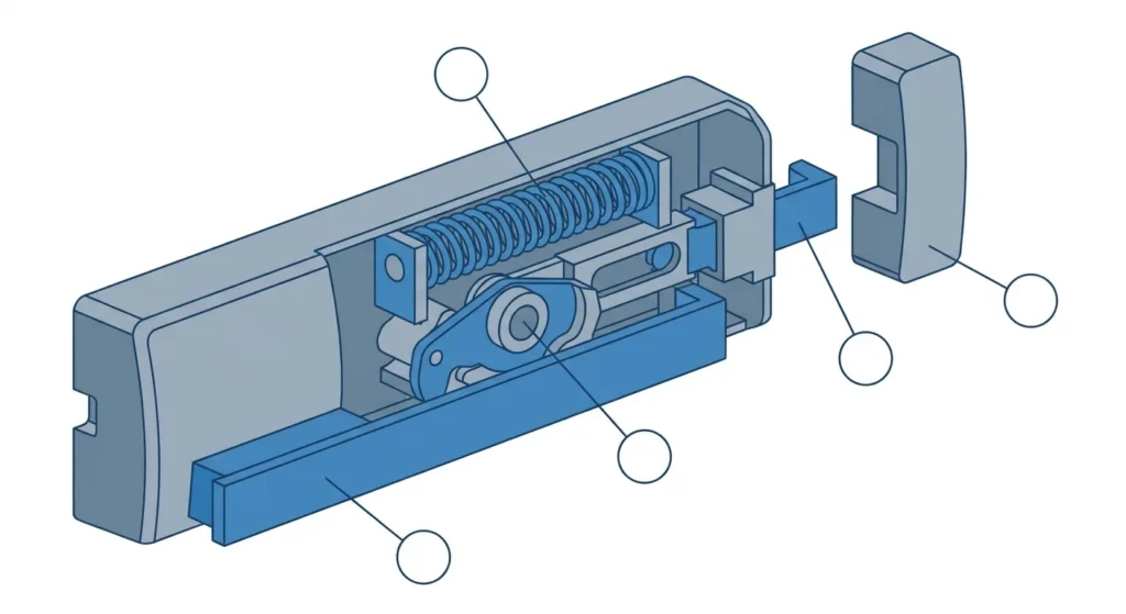 Cutaway diagram of a panic bar showing touchpad, cam, spring, latch bolt and strike