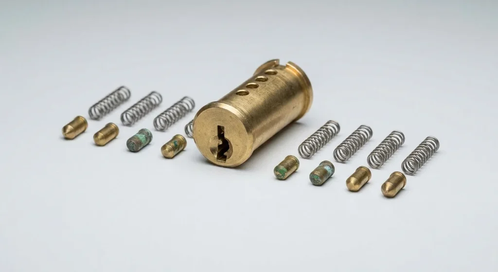 Disassembled pin tumbler cylinder showing brass pins with corrosion film