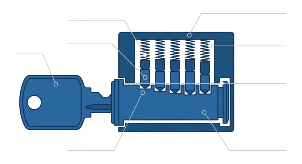 Cutaway diagram of a pin tumbler cylinder showing pin stacks aligned at the shear line