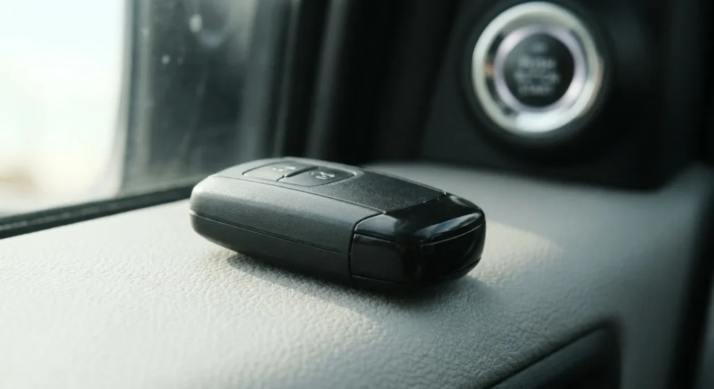 Black proximity key fob on a car dashboard with a push start button behind it