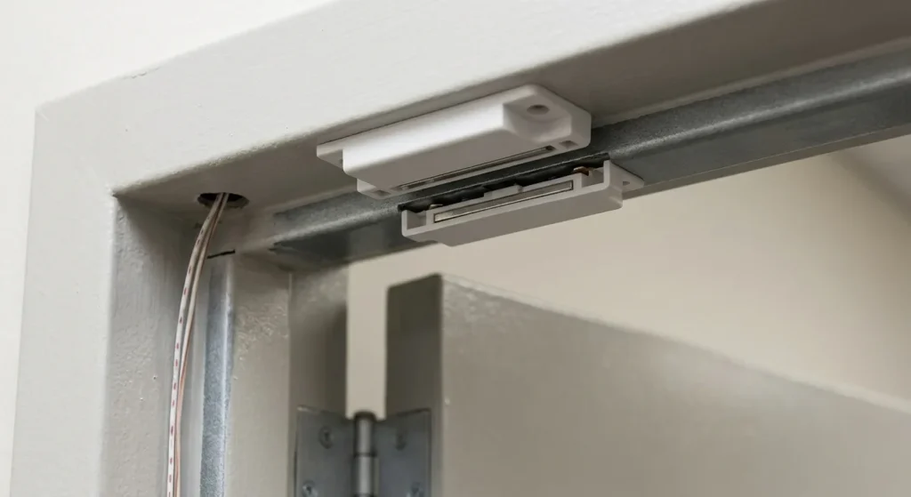 Recessed magnetic door contact sensor installed in a commercial door frame and door edge