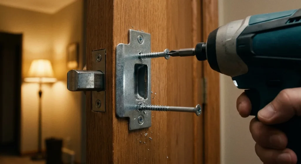 Reinforced strike plate being screwed into a door jamb with an extended deadbolt visible behind