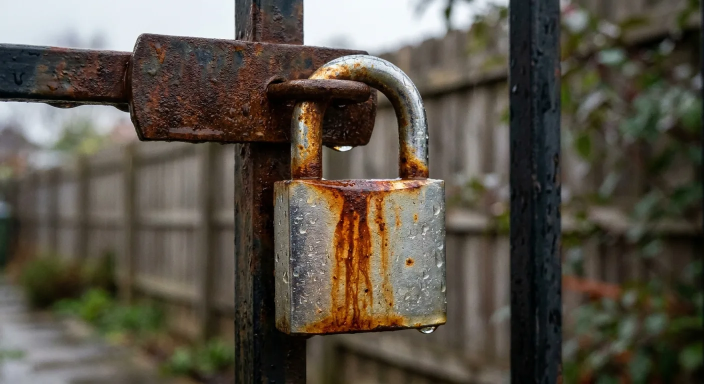 Weathered padlock with rust around the keyway hanging from an outdoor metal gate latch