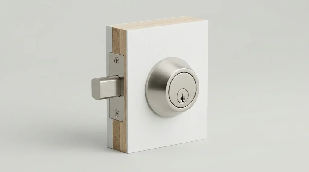 Satin nickel single cylinder deadbolt on a white door with the bolt fully extended
Title attribute: Single cylinder deadbolt