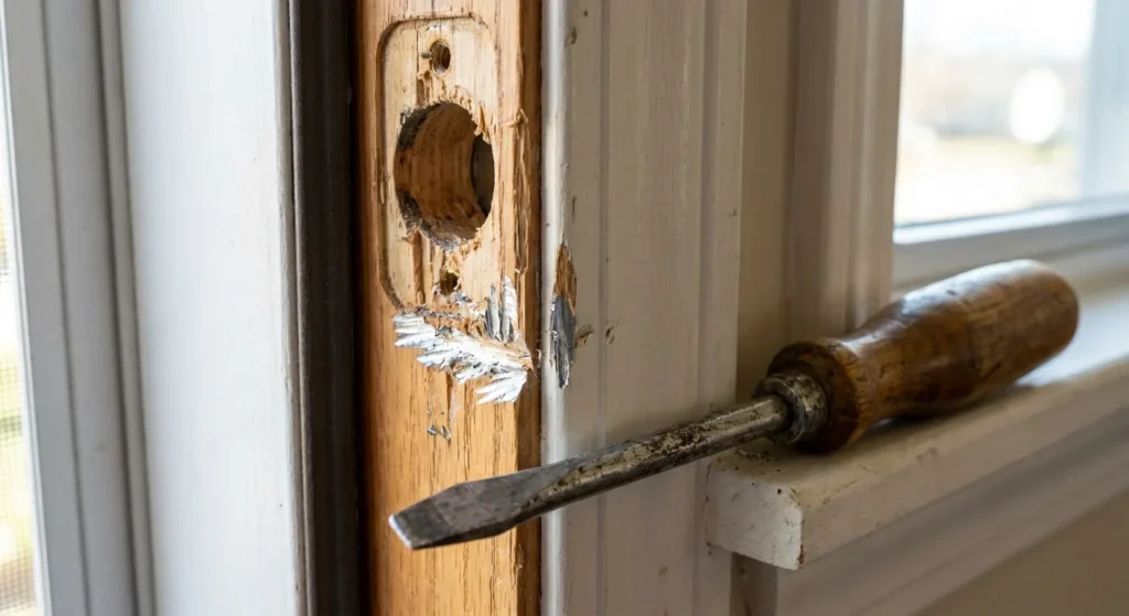 Door jamb bolt hole showing scrape marks from a misaligned strike plate