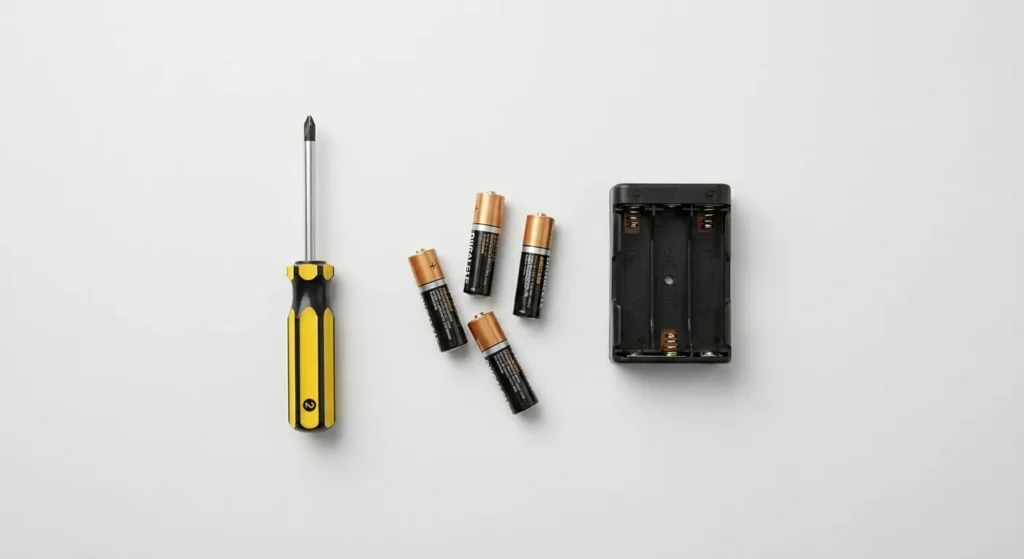 Phillips screwdriver, four AA batteries and a lock battery tray laid out on a grey surface