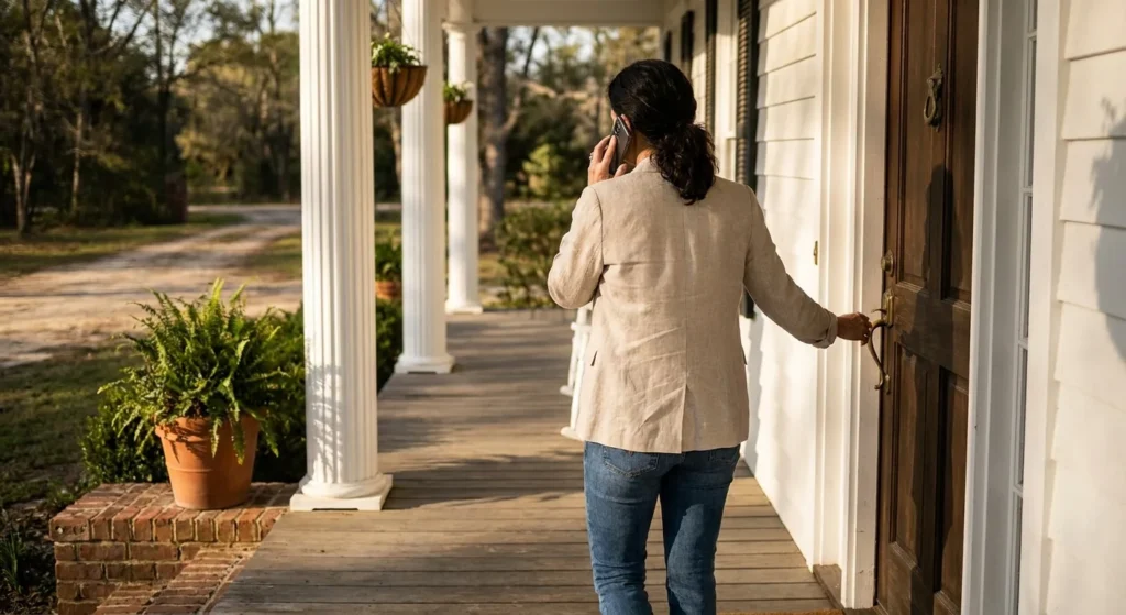 Woman standing on her front porch holding a phone after getting locked out of her house