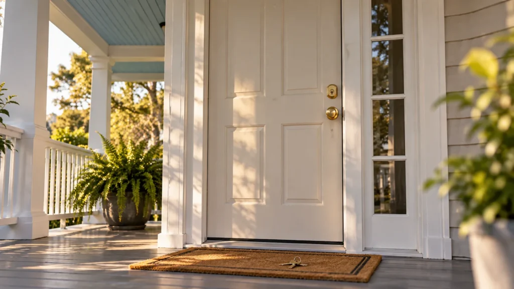 Brass deadbolt on a residential front door with house keys lying on the mat below
