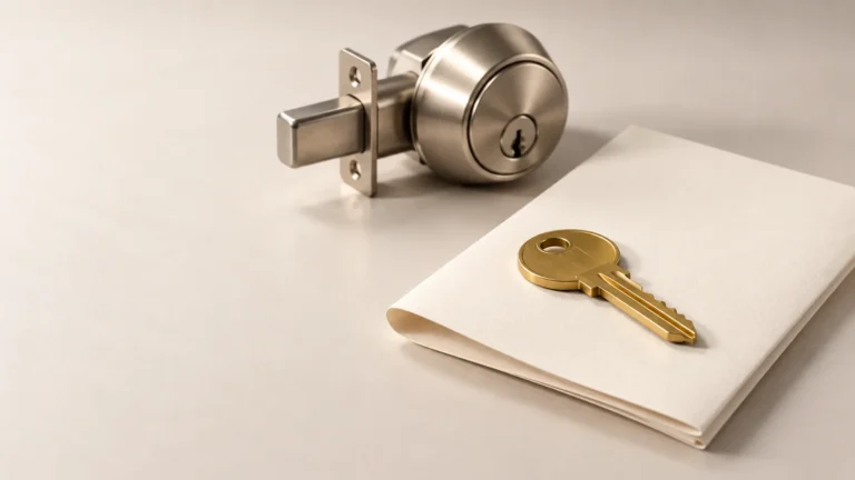 Brass house key resting on a folded blank document beside a nickel deadbolt