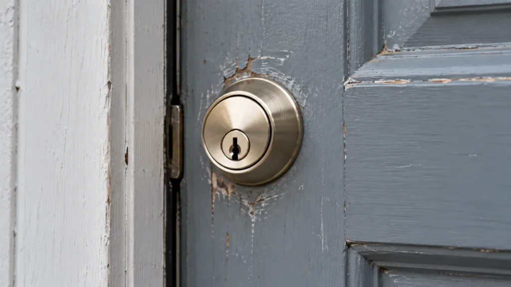 Freshly installed lock cylinder on a weathered rental unit door